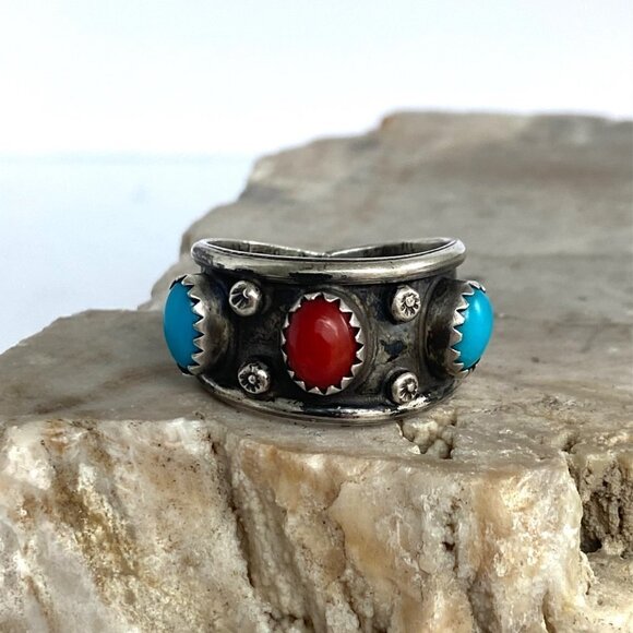 VTG Sterling Silver 925 Southwest Style Turquoise Coral 3 Stone Wide Band Ring - Picture 12 of 16